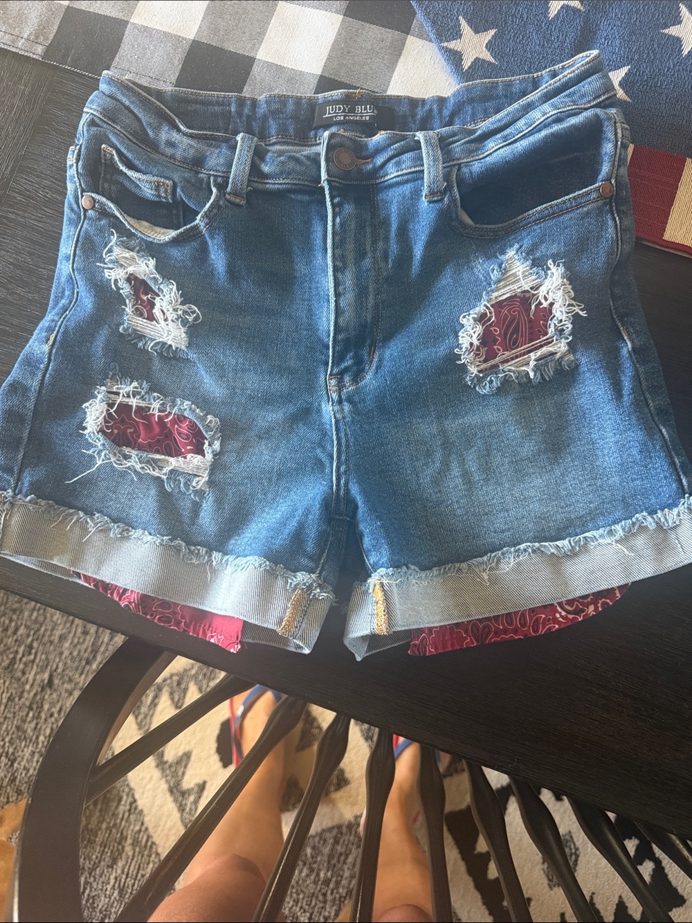 Judy Blue Blue Distressed Denim Shorts with Red Bandana Inserts